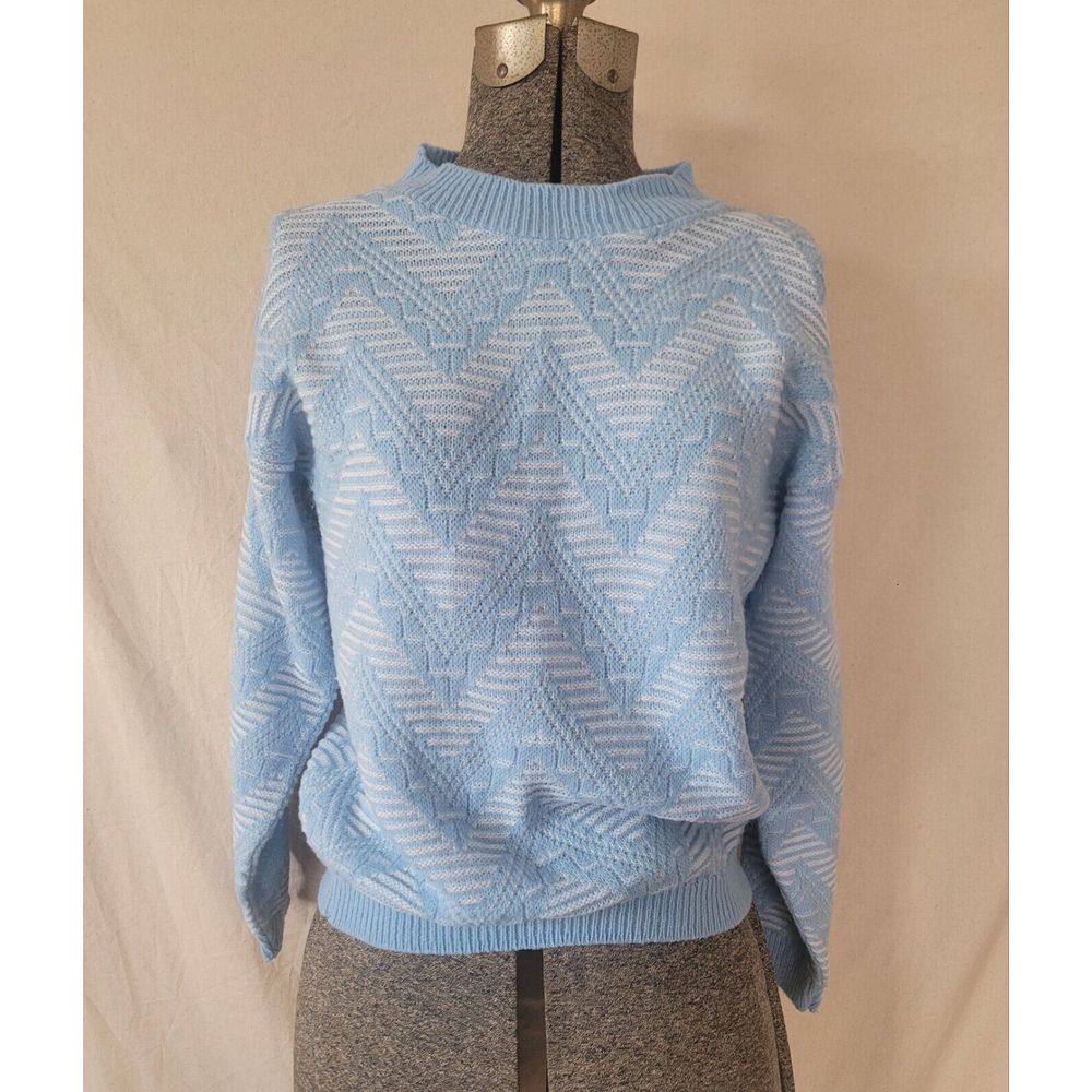 Vintage 60s 70s Baby Blue‎ And White Geometric Sweater Made In USA